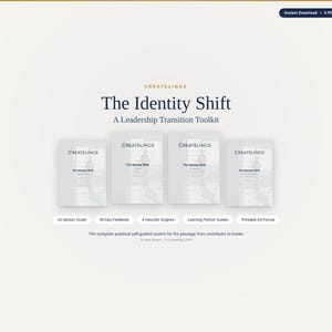 May include: A digital product image featuring four white book covers with the title "The Identity Shift" and the Createlings logo. The text "A Leadership Transition Toolkit" is also visible. Additional text includes "10 Section Guide" and "Printable A4 Format".