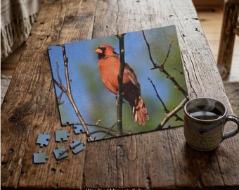 Puzzle del Cardinale Settentrionale / Puzzle di fotografia ornitologica / Puzzle naturalistico per adulti / Regalo per amanti degli uccelli / Puzzle di fauna selvatica del bosco
