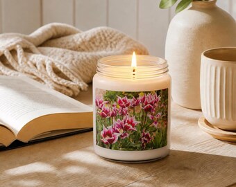 Candela di soia con tulipano rosa, candela floreale naturale, regalo per amanti del giardino, candela con fotografia originale, regalo per amanti dei fiori, decorazione accogliente per la casa