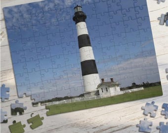 Puzzle del faro di Bodie Island / Puzzle fotografico della costa della Carolina del Nord / Regalo a tema faro / Decorazione per casa al mare / Puzzle per adulti