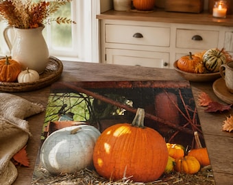 Puzzle autunnale con zucca, fotografia naturalistica originale, accogliente puzzle autunnale per adulti