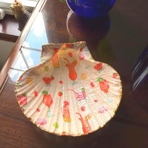 Decoupage Scallop Shell Dish – Coastal Ring Dish, Trinket Bowl, Pin Holder, Beach Jewelry Decor