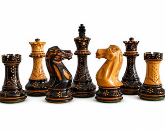 4" handcarving Pro Staunton Weighted Wooden Chess Set - Chess Pieces Only - Burnt Boxwood - 4 queens