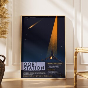 May include: A vertical rectangular poster titled Oort Station in a light frame. The dark blue graphic features a bright orange beam of light shining down on a structure, a comet in the night sky, and text detailing passage and provisioning.