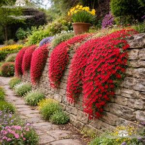 Op de afbeelding: Een stenen muur versierd met watervalachtige rode bloemen, die een levendige weergave creëren. De muur maakt deel uit van een tuinpad, met diverse andere bloemen en groen die bijdragen aan de scène. Een terracotta pot met gele bloemen staat bovenop de muur.