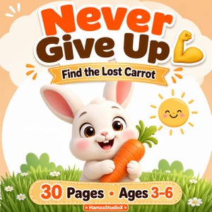 May include: A children's book cover with the title "Never Give Up" in orange and brown. A white cartoon bunny holds a carrot. The book is titled "Find the Lost Carrot" and is for ages 3-6, with 30 pages.