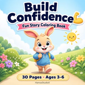 May include: A children's coloring book cover with the title "Build Confidence" in navy blue letters. A cartoon bunny wearing a blue hoodie walks down a path. The book is for ages 3-6 and has 30 pages.