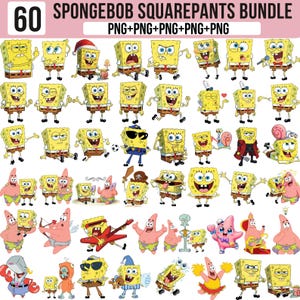 Könnte beinhalten: Eine digitale Sammlung von 60 Spongebob Squarepants PNG-Bildern mit verschiedenen Posen und Ausdrücken von Spongebob, Patrick Star und anderen Charakteren. Der Text 60 SPONGEBOB SQUAREPANTS BUNDLE PNG+PNG+PNG+PNG+PNG steht oben.