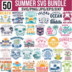 May include: A collection of 50 summer-themed SVG designs. The designs feature beach-related graphics, including waves, palm trees, seashells, and phrases like "Hello Sunshine" and "Beach Vibes." The color palette includes blues, oranges, and pinks.