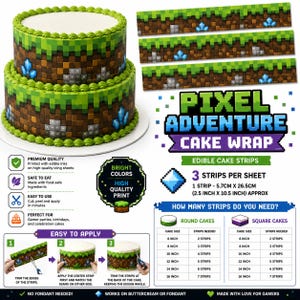 May include: A two-tier cake decorated with edible pixelated grass and dirt block strips. The set includes three strips per sheet, each measuring 2.5 inches by 10.5 inches. The design features blue crystal and grey stone accents on a green and brown background.