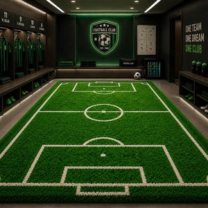 Puede incluir: Una alfombra rectangular con textura de césped verde y marcas blancas que replican el diseño de un campo de fútbol, incluyendo círculo central, áreas de penalti y arcos de esquina, situada en un vestuario con taquillas de madera oscura.