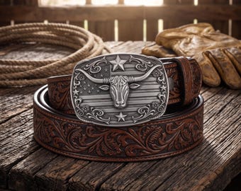 Silver Texas Longhorn Buckle Western Brown Leather Floral Belt Zinc Alloy Cowboy Durable Rodeo Flair Groomsmen Gift For Him