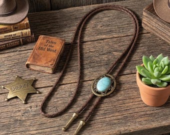 Vintage Turquoise Stone Western Leather Bolo Tie Necklace Zinc Alloy Adjustable Pendant Everyday Wear Cowboy Flair