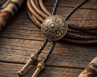 Antique Engraved Bronze Floral Western Leather Bolo Tie Necklace Zinc Alloy Adjustable Pendant Everyday Wear Cowboy Flair