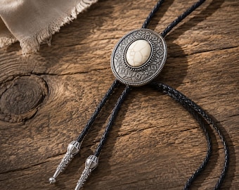 Silver Vintage White Turquoise Western Leather Bolo Tie Necklace Alloy Adjustable Pendant Everyday Wear Cowboy Flair