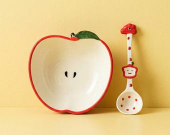 Müslischale aus Keramik, apfelförmig | Niedliche Obstschale Mit Löffel | Rote Dessert Snackschale | Kawaii Küche Geschenk