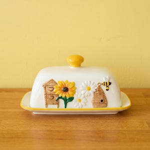 Maselniczka | Prezenty z motywem pszczół | Ceramiczna maselniczka | Uroczy pojemnik na masło | Antyczny pojemnik na masło | Wyjątkowy prezent kuchenny | Nóż do masła