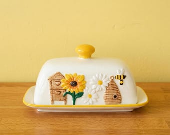 Butterdose | Bienen Themen Geschenke | Keramik Butterdose | Niedliche Butterdose | Vintage Butterkrug | Küche Geschenk Unikat | Buttermesser