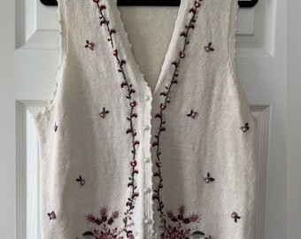 Maggie Lawrence Embroidered Floral Sweater Vest Pearl Button Cottagecore 18/20