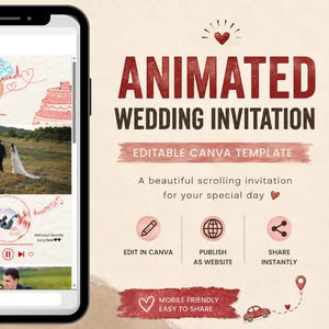 Könnte beinhalten: Ein Smartphone zeigt eine animierte Hochzeitseinladungsvorlage mit dem Text "We're getting married" und "Ken & You". Der Bildschirm zeigt Fotos eines Paares, eine Musik-Player-Oberfläche sowie Symbole zum Bearbeiten, Veröffentlichen und Teilen.