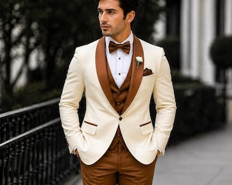 Men's Luxury Cream 3 Piece Suit With Brown Vest Wedding Stylist Suit