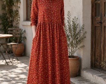 Vintage Inspired Floral Midi Dress: Button Front Ruffle Neck Dress