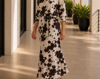 Cow Print Satin Top or Midi Skirt Animal Print Vintage Style Summer Outfit