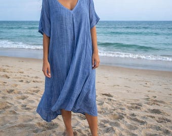 Pure Linen Relaxed Midi Dress Coastal Style for Holiday