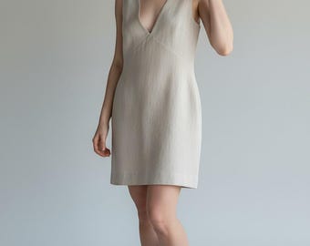 Linen Cotton V Neck Sleeveless Mini Dress Lightweight Neutral Outfit