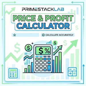 May include: A graphic illustration for a price and profit calculator. The design includes a calculator with a dollar sign and percentage symbol, alongside dollar signs, bar graphs, and an upward-pointing arrow. The text reads "PRICE & PROFIT CALCULATOR."