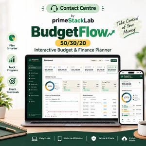 May include: A digital BudgetFlow 50/30/20 interactive budget and finance planner displayed on a laptop and smartphone screen. The interface features dark green and white color schemes with financial dashboards, charts, and expense tracking tables.