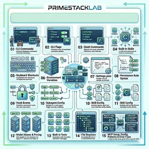 May include: An infographic from PrimeStackLab, detailing software development concepts. It features diagrams for CLI commands, environment variables, built-in skills, and file structure. The color scheme is primarily blue, green, and white.
