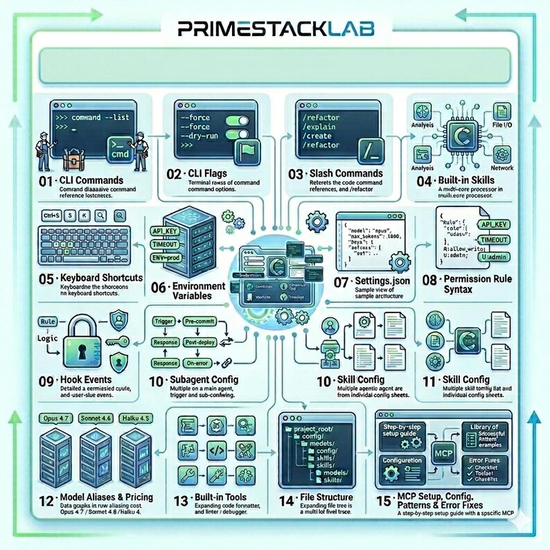 May include: An infographic from PrimeStackLab, detailing software development concepts. It features diagrams for CLI commands, environment variables, built-in skills, and file structure. The color scheme is primarily blue, green, and white.