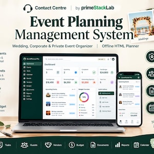 Może przedstawiać: Laptop i smartfon z systemem zarządzania wydarzeniami Event Planning Management System od primeStackLab. Ekran pokazuje pulpit nawigacyjny z funkcjami śledzenia wydarzeń, budżetu i zadań. Otaczający tekst opisuje narzędzia do zarządzania dostawcami, gośćmi i umowami dla wesel oraz wydarzeń firmowych.