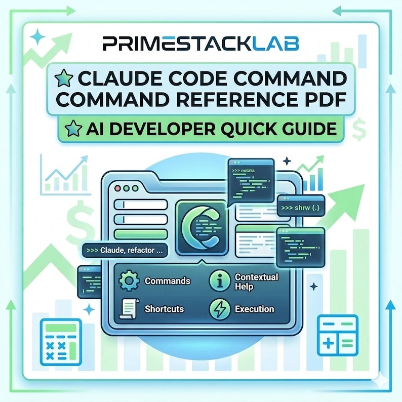 May include: A digital graphic promoting "Claude Code Command Reference PDF" and "AI Developer Quick Guide." The design features a computer interface with code snippets, icons for commands, shortcuts, contextual help, and execution, all in a blue and green color scheme.