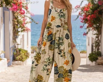 Blommig jumpsuit med vida ben, ärmlös bohemisk sommaroverall med fickor