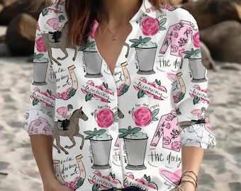 Linen Rose Horse Racing Blouse, Kentucky Derby V-Neck Shirt