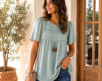 Women’s Summer Chiffon Blouse, Lace Hem Boho Top, Casual Short Sleeve Shirt, Flowy Tunic Top, Loose Fit Spring Fashion Tee