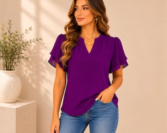 Women’s Chiffon Blouse Flutter Sleeve Top, Dressy Casual V Neck Shirt, Business Casual Work Blouse, Summer Office Top for Women