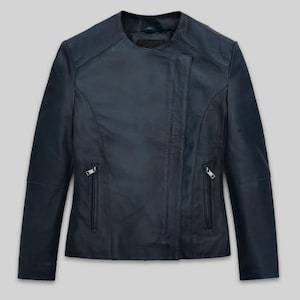 May include: A navy blue leather jacket with a round collar and an asymmetrical zip. It has two zipped pockets and a tailored fit. The long-sleeved jacket is a solid colour. The jacket's length is approximately 60 cm.