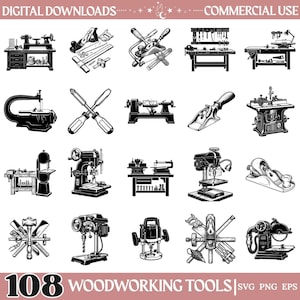 Könnte beinhalten: Eine Sammlung von 108 schwarz-weißen digitalen Illustrationen von Holzbearbeitungswerkzeugen und Maschinen, darunter Drehbänke, Bohrmaschinen, Hobel und Sägen. Der Text lautet DIGITAL DOWNLOADS, COMMERCIAL USE und 108 WOODWORKING TOOLS SVG PNG EPS.