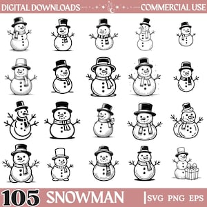 May include: A collection of twenty black and white digital illustrations of snowmen wearing top hats and scarves, arranged in a grid. The text at the top reads DIGITAL DOWNLOADS COMMERCIAL USE, and the bottom text reads 105 SNOWMAN SVG PNG EPS.