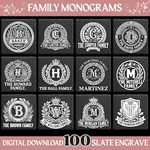 Puede incluir: Una colección de doce posavasos cuadrados de pizarra negra con monogramas familiares y apellidos grabados en blanco, incluyendo Baker, Carter, Cooper, Davis, Howard, Hall, Martinez, Mitchell, Brown, Williams, Morgan y Thompson.