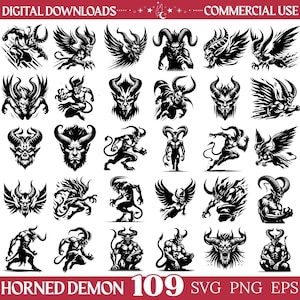 Może przedstawiać: Kolekcja 109 czarno-białych ilustracji cyfrowych przedstawiających różne rogate demony w dynamicznych pozach, w tym skrzydlate stworzenia i portrety. Tekst głosi DIGITAL DOWNLOADS, COMMERCIAL USE oraz HORNED DEMON 109 SVG PNG EPS.