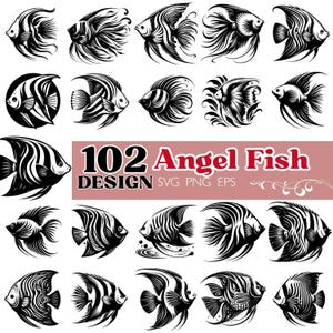 Puede incluir: Una colección de 20 diseños de peces ángel en blanco y negro. Los diseños varían en estilo, algunos con patrones detallados y otros con líneas más simples. La imagen incluye el texto "102 Angel Fish Design SVG PNG EPS".