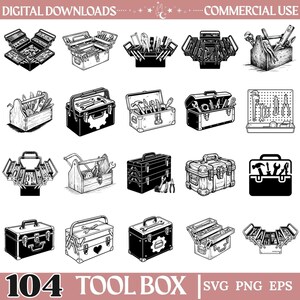 May include: A collection of twenty black and white illustrations featuring various tool boxes and tool chests in different styles, some open to reveal internal compartments and assorted hand tools, with the text 104 TOOL BOX SVG PNG EPS.