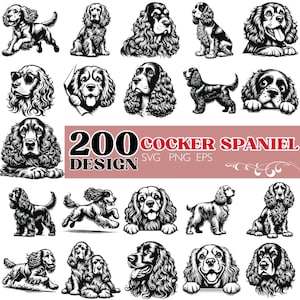 Könnte beinhalten: Eine Sammlung von 200 Cocker Spaniel-Designs in Schwarz-Weiß, die die Rasse in verschiedenen Posen zeigen. Das Bild enthält Illustrationen des Hundes in verschiedenen Positionen, mit dem Text "200 DESIGN COCKER SPANIEL SVG PNG EPS" in der Mitte.