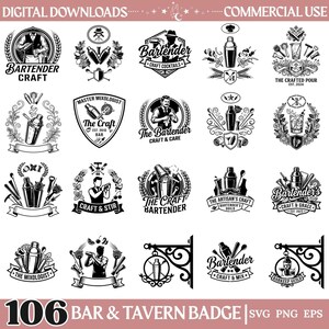 Op de afbeelding: Een collectie van 106 zwart-wit digitale badge-ontwerpen met thema's rond bartenders en mixologie. Elk embleem bevat illustraties van cocktailshakers, barbenodigdheden en figuren, met teksten zoals Bartender Craft.