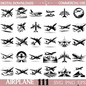 Könnte beinhalten: Eine Sammlung von 111 digitalen Schwarz-Weiß-Grafiksymbolen mit verschiedenen Flugzeugen im Flug, bei der Landung und beim Start. Das Set enthält Silhouetten und detaillierte Illustrationen von Verkehrs- und Privatflugzeugen, einige mit Berg- oder kreisförmigen Hintergründen.
