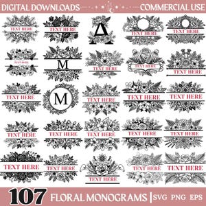 Op de afbeelding: Een collectie van 107 zwart-wit bloemenmonogrammen en kaderontwerpen met diverse bloemstukken, bladeren en varens. Veel ontwerpen bevatten een horizontale balk met de tijdelijke tekst "TEXT HERE" of letters zoals A en M.
